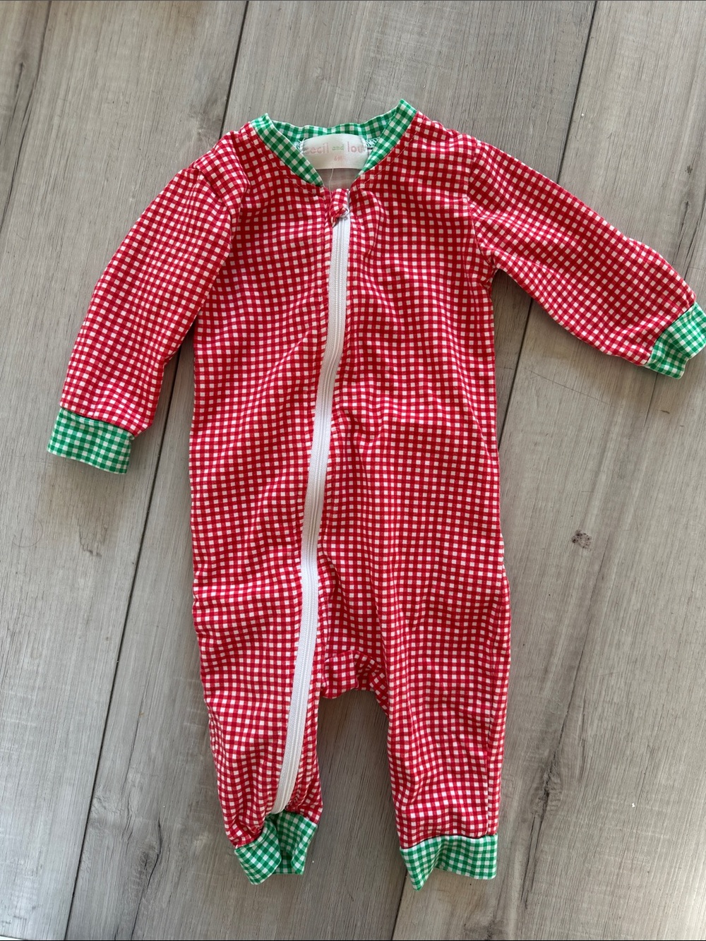 Red Gingham Footed One-Piece. Cecil and Lou. “H” monogram